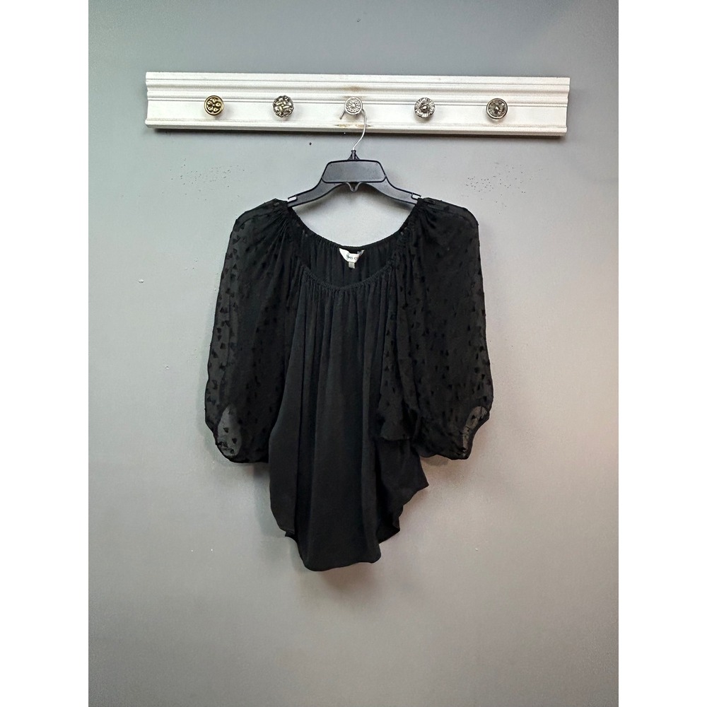 Lewis Cho Blouse Women Large Black Silk Sheer Textured Sleeve Peasant Scoop Neck